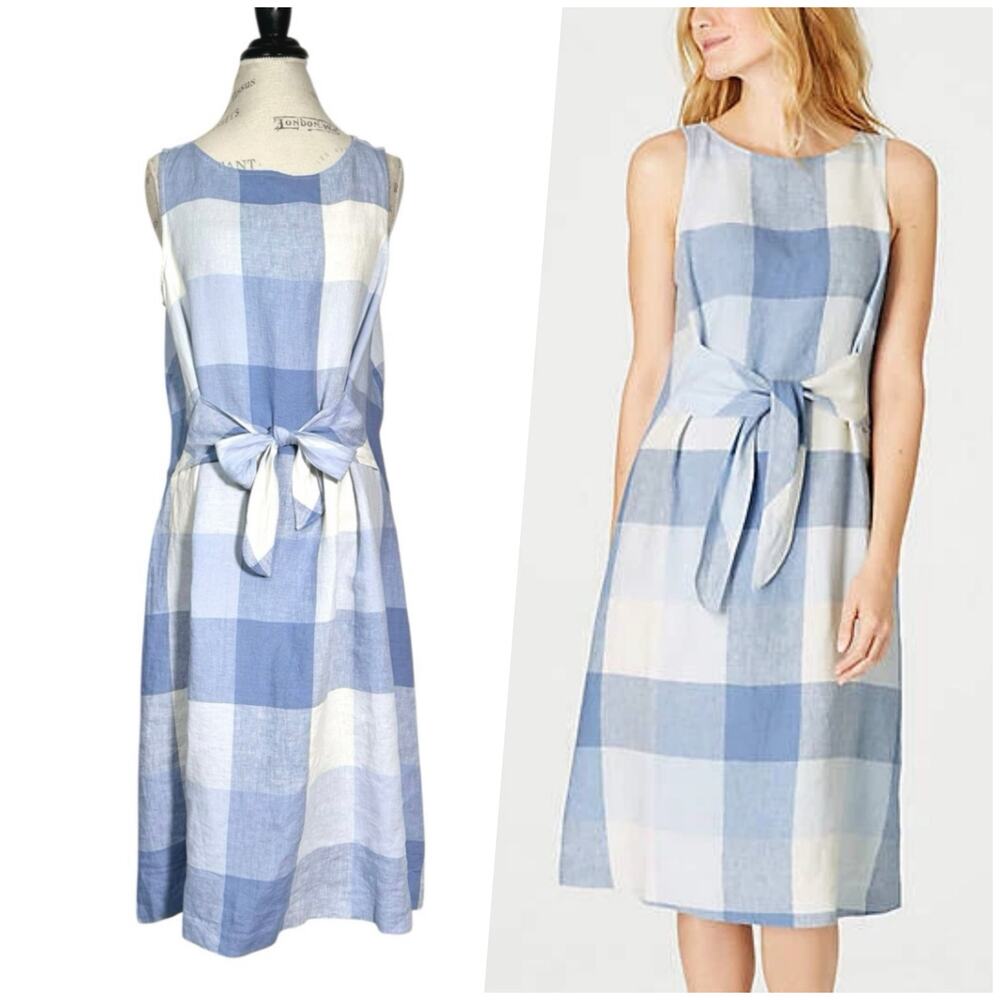 J. Jill Linen Blue and White Plaid Mini Dress Chic